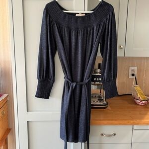 LOFT dress, size M. Heather navy blue, loose fitting, tie at waist.
